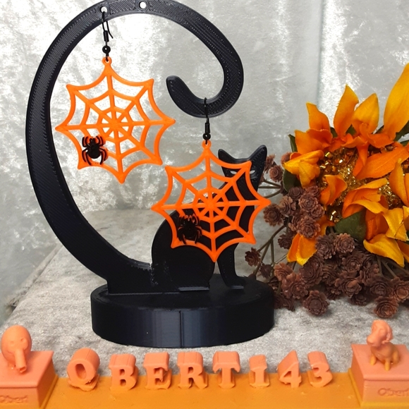 Hand Crafted Jewelry - Handmade Earrings 3D Printed Spiderwebs With Crystal Beaded Spiders Orange Black